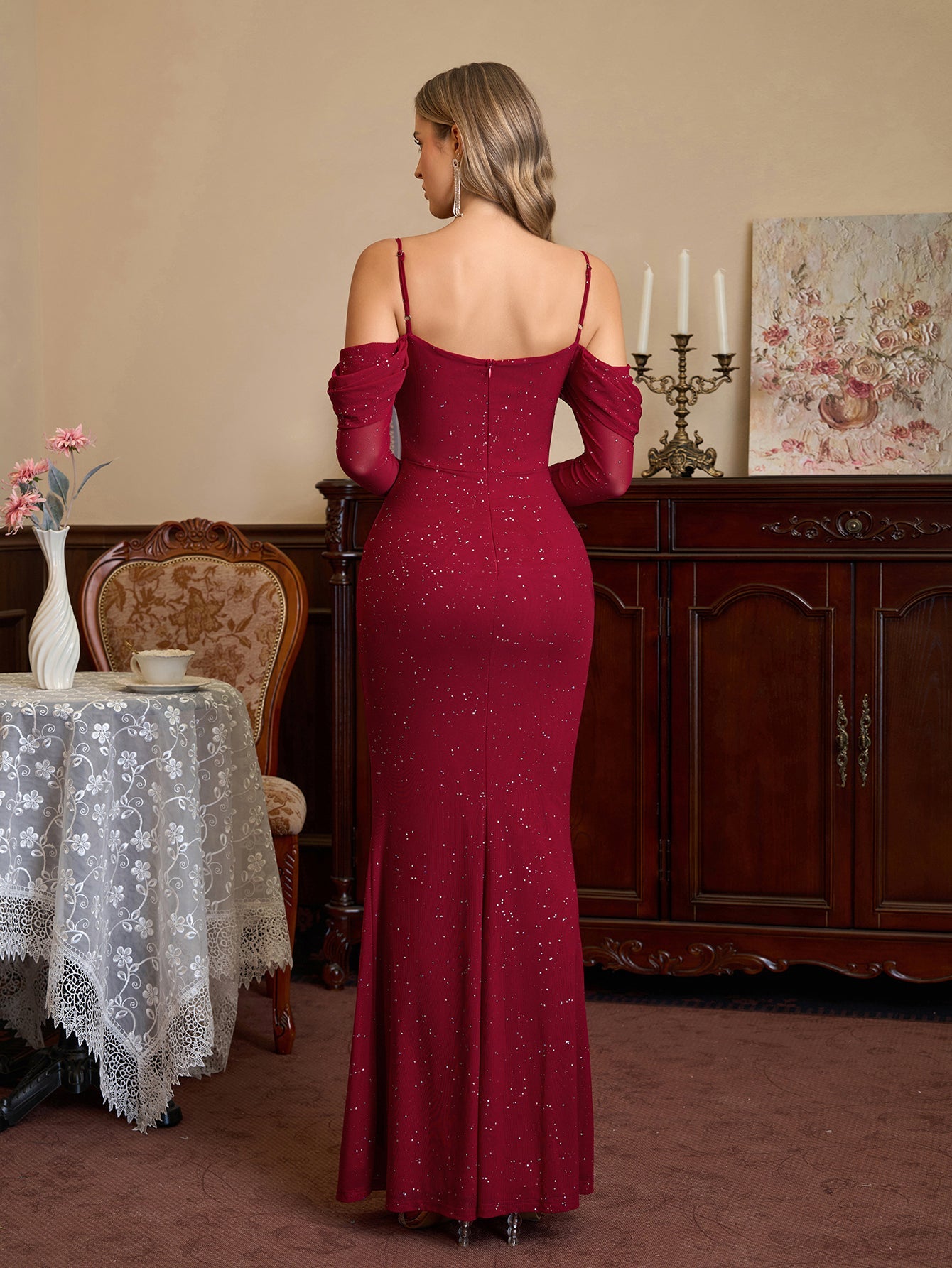 Off Shoulder Ruched Bust Mesh Sequin Mermaid Dress