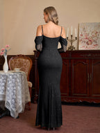 Off Shoulder Ruched Bust Mesh Sequin Mermaid Dress