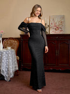 Off Shoulder Ruched Bust Mesh Sequin Mermaid Dress