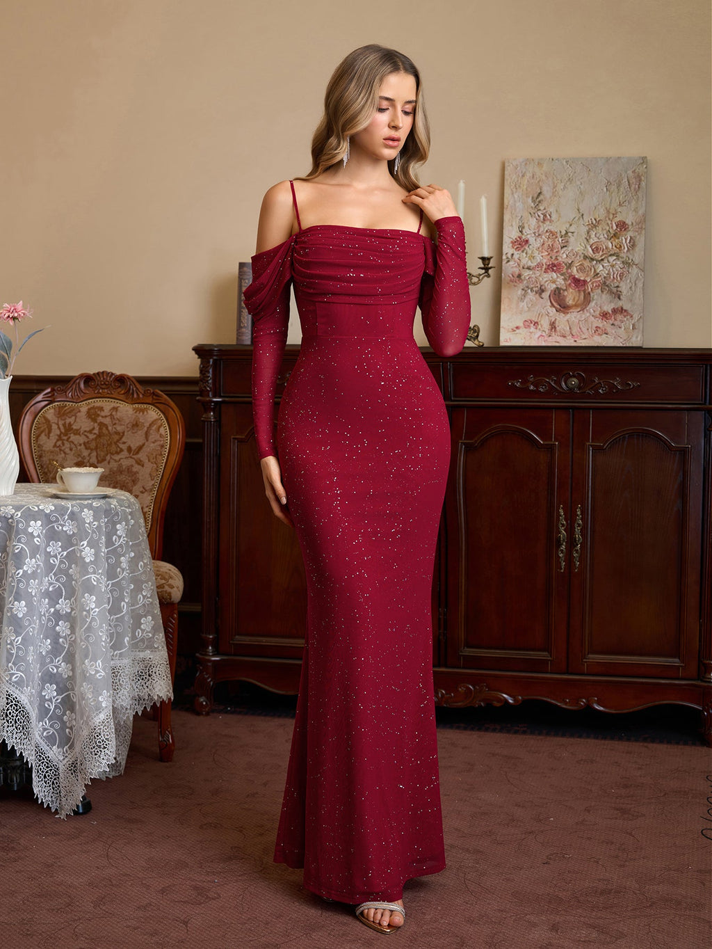 Off Shoulder Ruched Bust Mesh Sequin Mermaid Dress