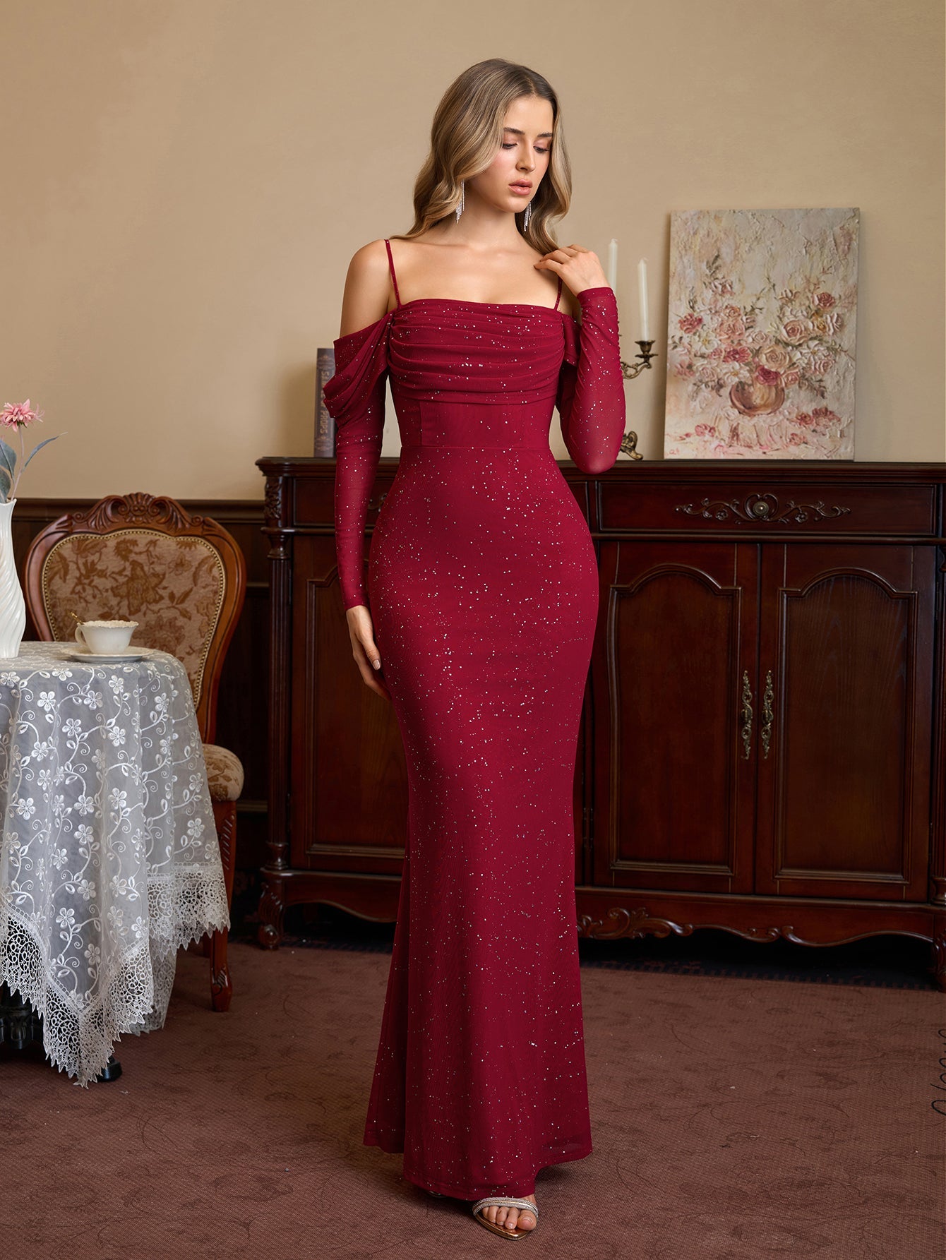 Off Shoulder Ruched Bust Mesh Sequin Mermaid Dress