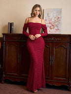 Off Shoulder Ruched Bust Mesh Sequin Mermaid Dress