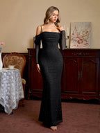 Off Shoulder Ruched Bust Mesh Sequin Mermaid Dress