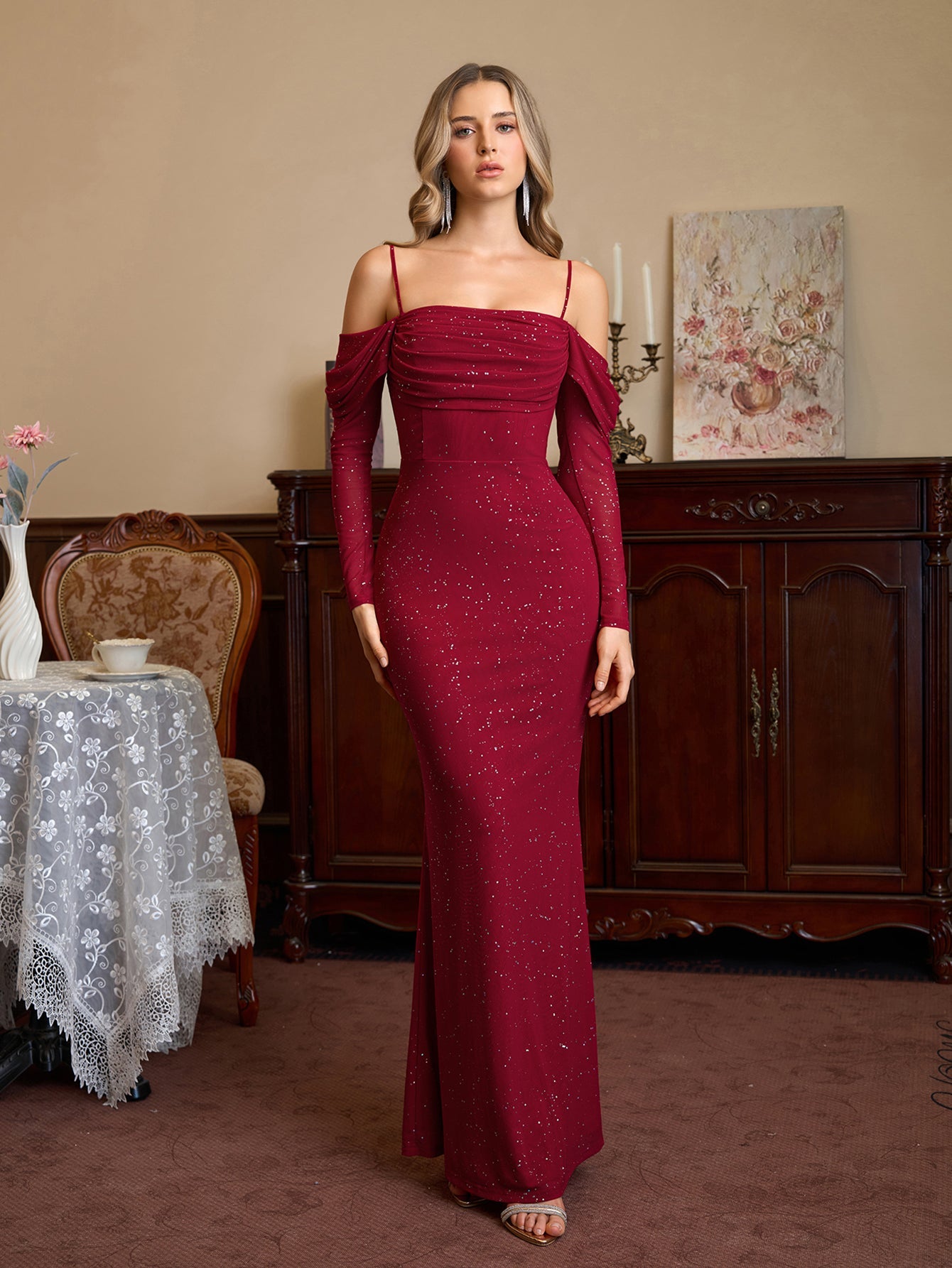 Off Shoulder Ruched Bust Mesh Sequin Mermaid Dress