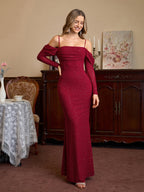 Off Shoulder Ruched Bust Mesh Sequin Mermaid Dress