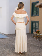 Off Shoulder Ruched Twist Front Top&Ruffle Low Waist Skirt