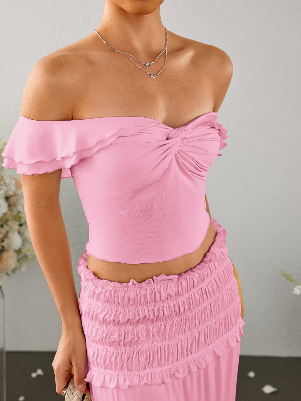 Off Shoulder Ruched Twist Front Top&Ruffle Low Waist Skirt