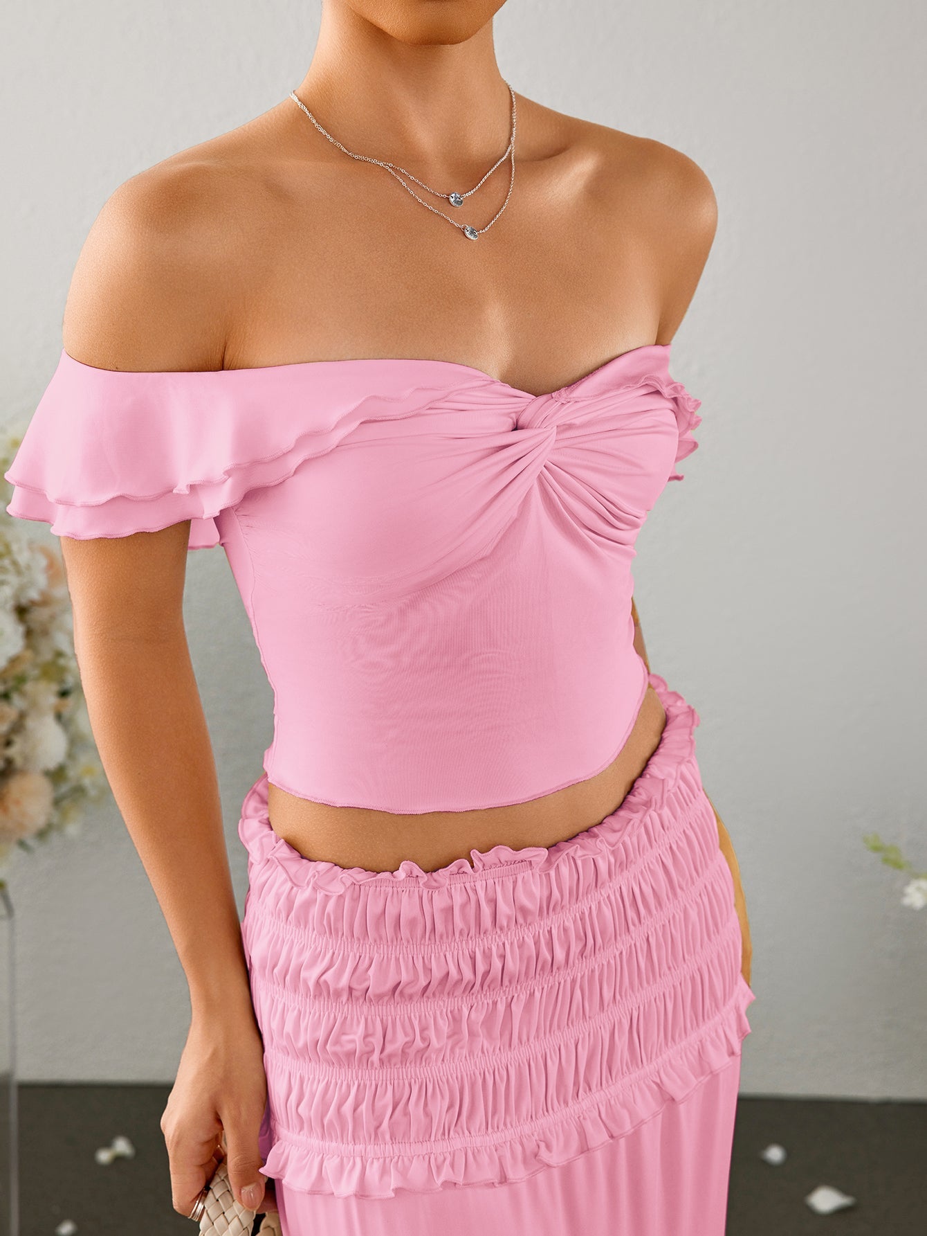 Off Shoulder Ruched Twist Front Top&Ruffle Low Waist Skirt