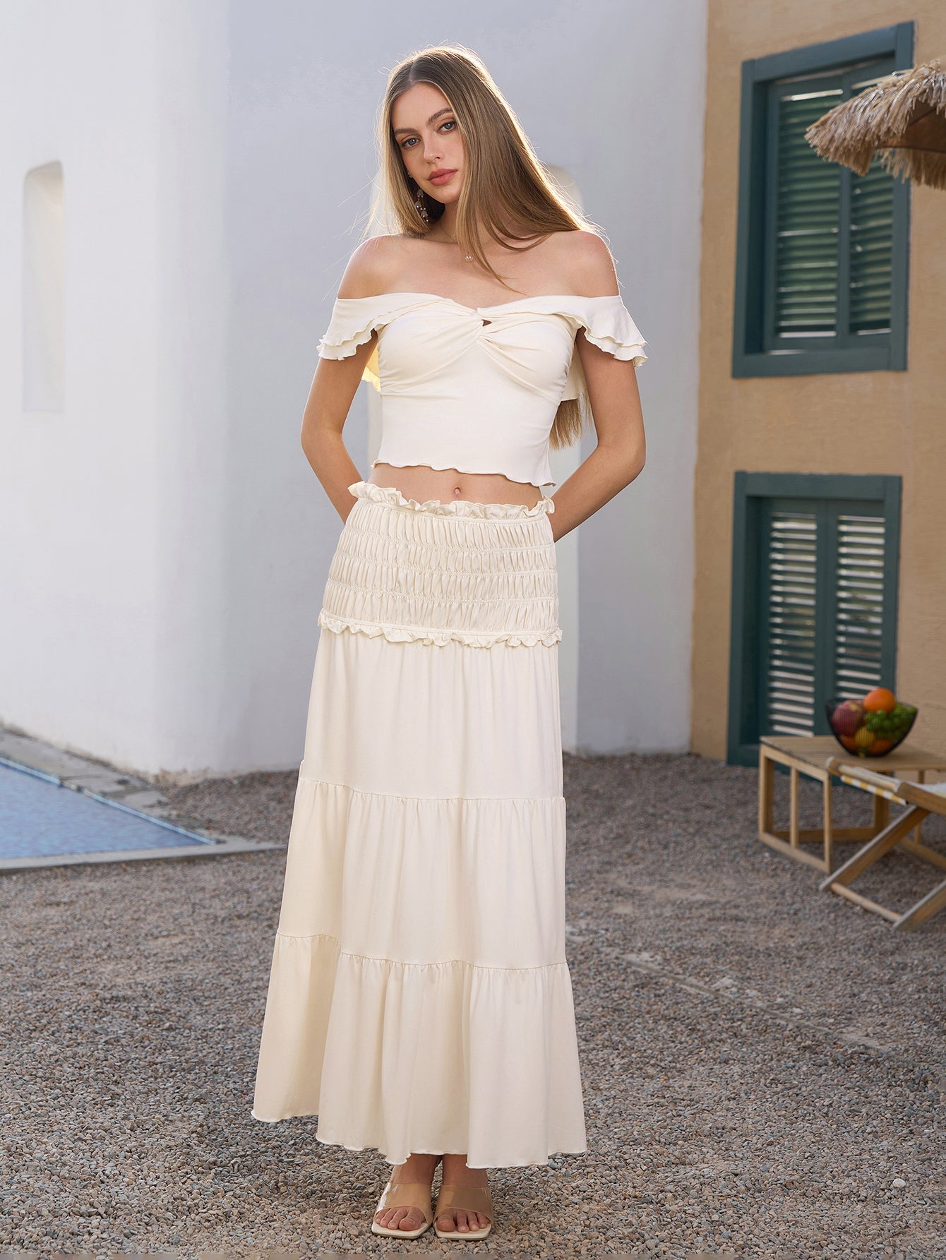 Off Shoulder Ruched Twist Front Top&Ruffle Low Waist Skirt