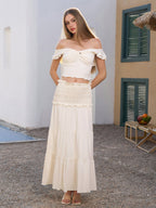 Off Shoulder Ruched Twist Front Top&Ruffle Low Waist Skirt