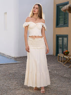 Off Shoulder Ruched Twist Front Top&Ruffle Low Waist Skirt