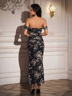 Ruched Off Shoulder Zipper Back Floral Bodycon Dress