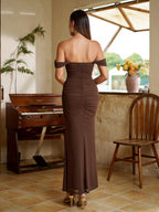 Off Shoulder Ruched Zipper Back Bodycon Dress