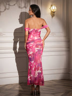 Ruched Off Shoulder Zipper Back Floral Bodycon Dress