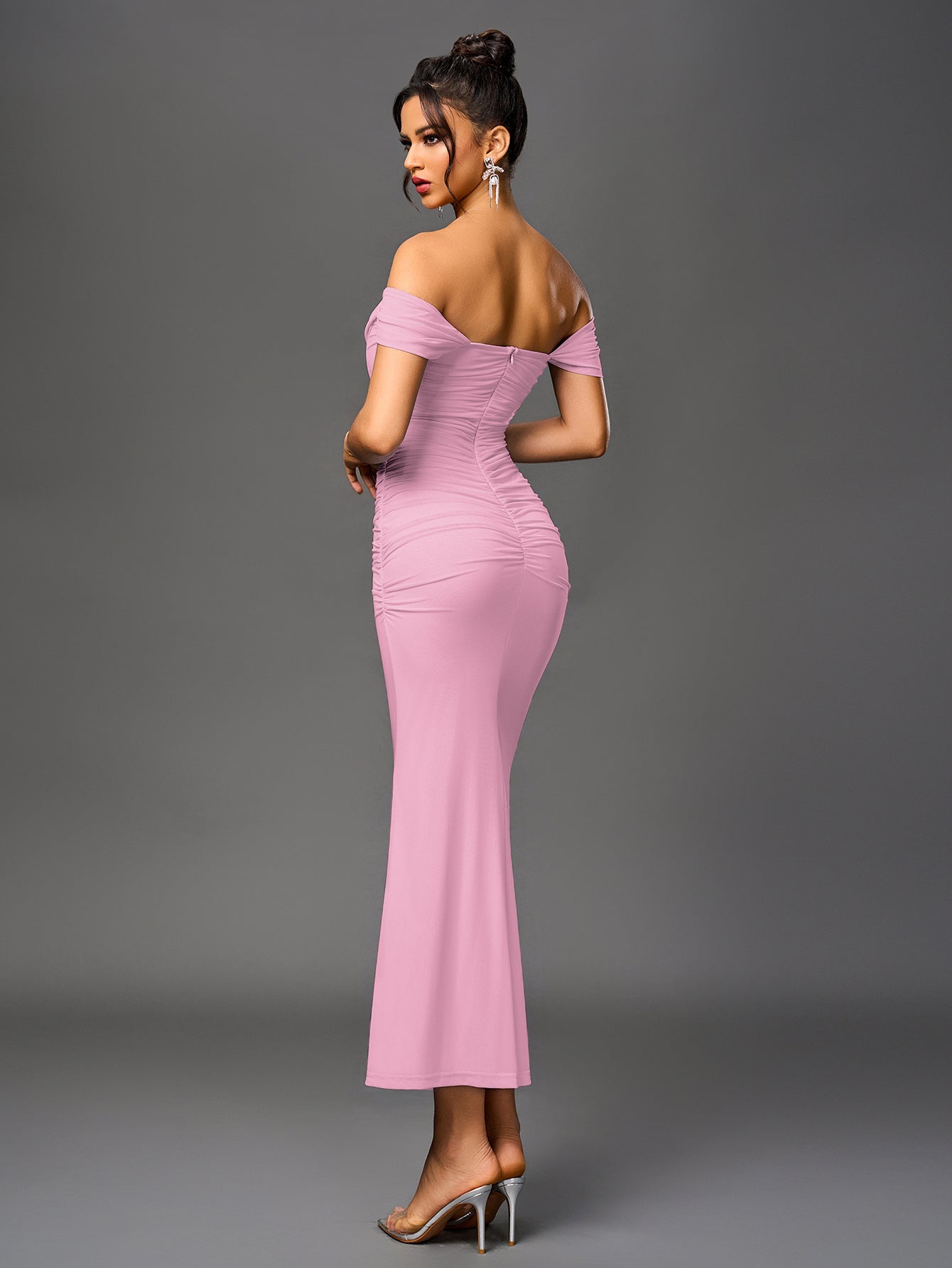 Off Shoulder Ruched Zipper Back Bodycon Dress