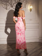 Ruched Off Shoulder Zipper Back Floral Bodycon Dress