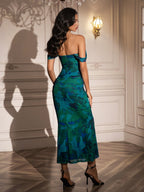 Ruched Off Shoulder Zipper Back Floral Bodycon Dress