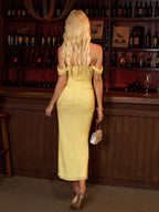 Off Shoulder Ruched Zipper Back Bodycon Dress