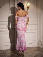 Ruched Off Shoulder Zipper Back Floral Bodycon Dress