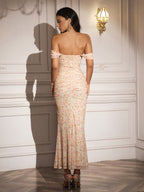 Ruched Off Shoulder Zipper Back Floral Bodycon Dress