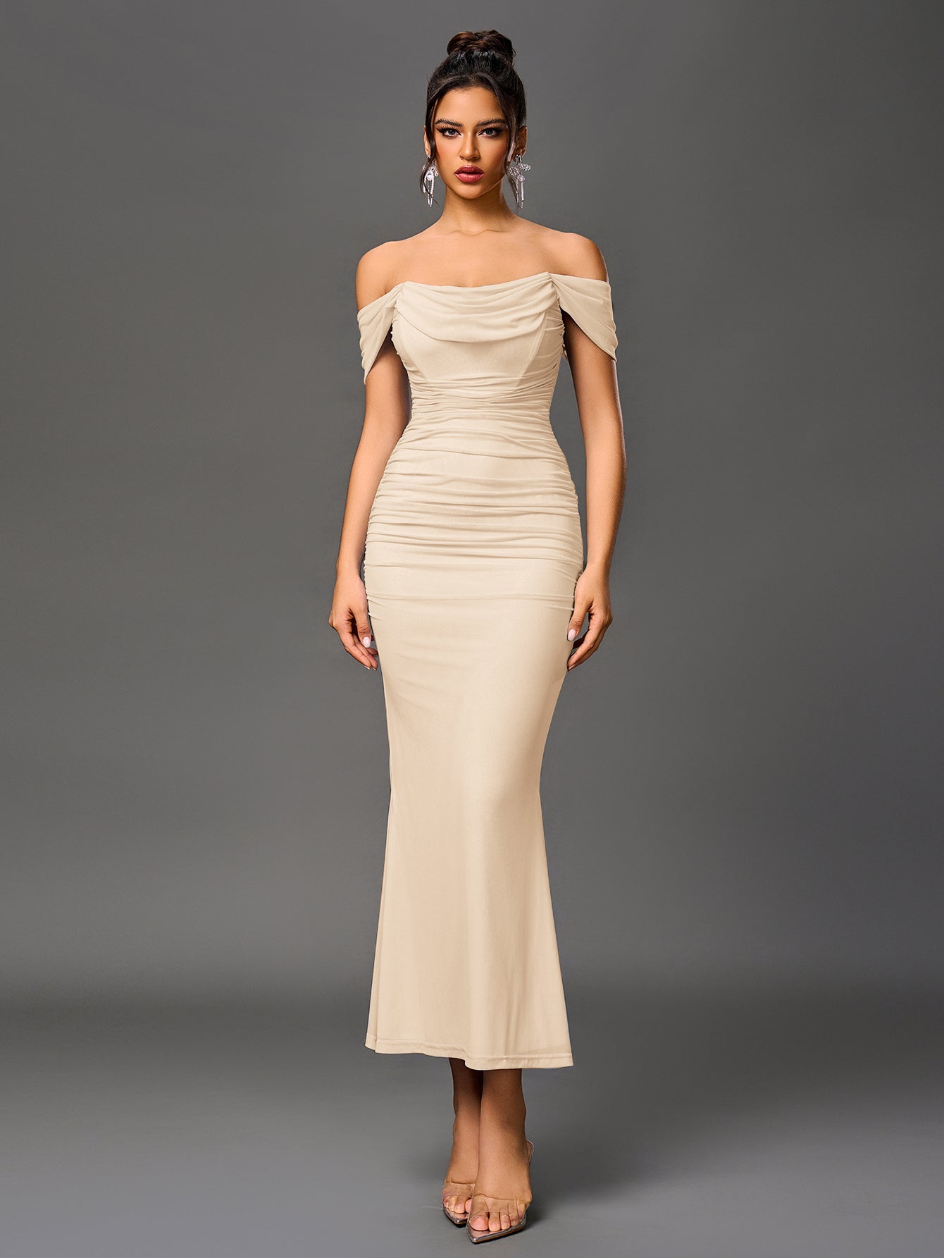 Off Shoulder Ruched Zipper Back Bodycon Dress