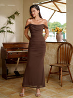 Off Shoulder Ruched Zipper Back Bodycon Dress