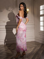 Ruched Off Shoulder Zipper Back Floral Bodycon Dress