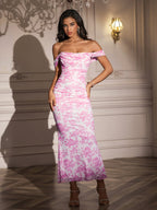 Ruched Off Shoulder Zipper Back Floral Bodycon Dress