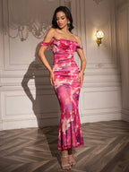 Ruched Off Shoulder Zipper Back Floral Bodycon Dress