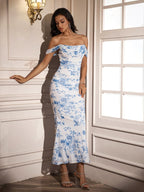 Ruched Off Shoulder Zipper Back Floral Bodycon Dress