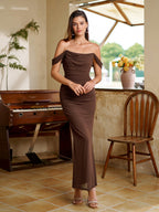 Off Shoulder Ruched Zipper Back Bodycon Dress