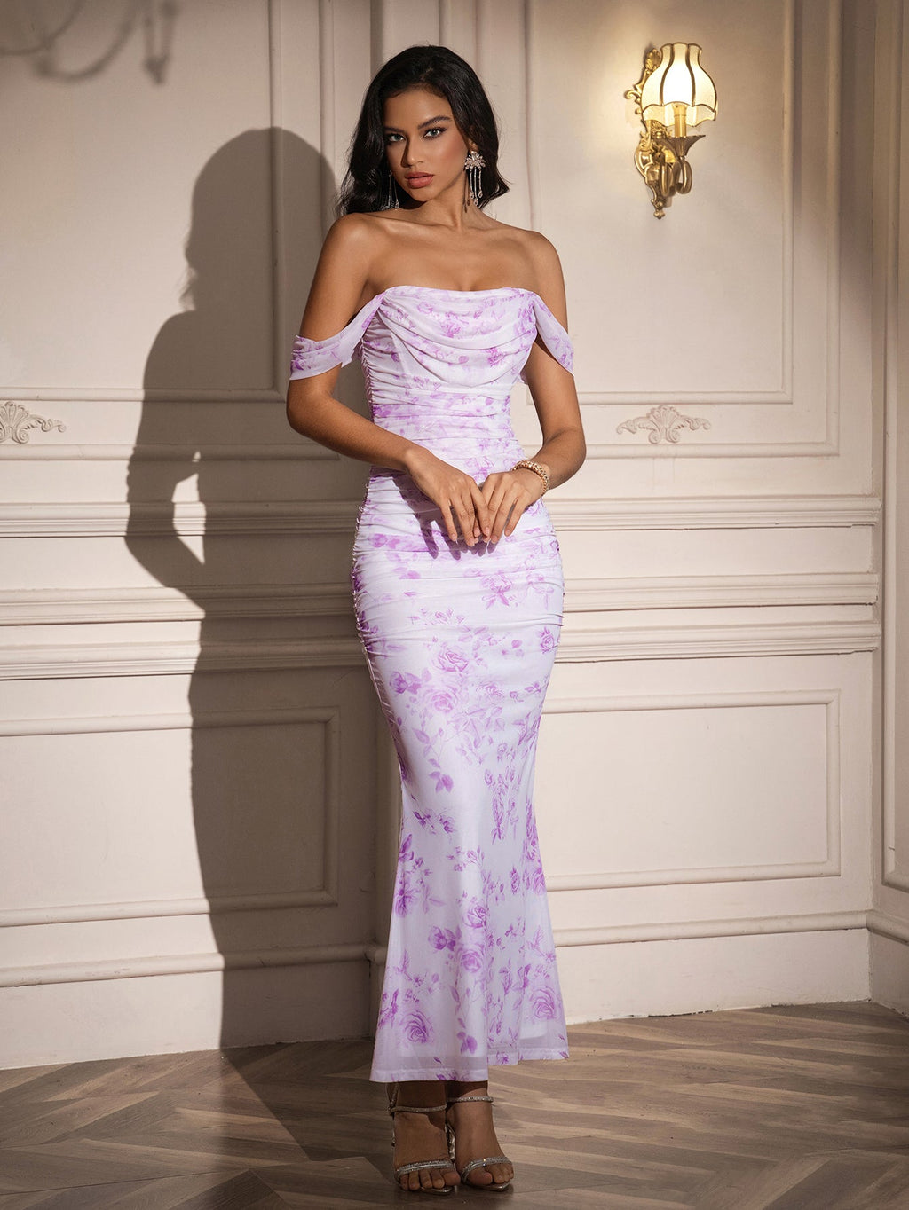 Ruched Off Shoulder Zipper Back Floral Bodycon Dress