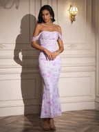 Ruched Off Shoulder Zipper Back Floral Bodycon Dress