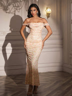 Ruched Off Shoulder Zipper Back Floral Bodycon Dress