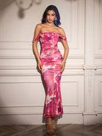 Ruched Off Shoulder Zipper Back Floral Bodycon Dress