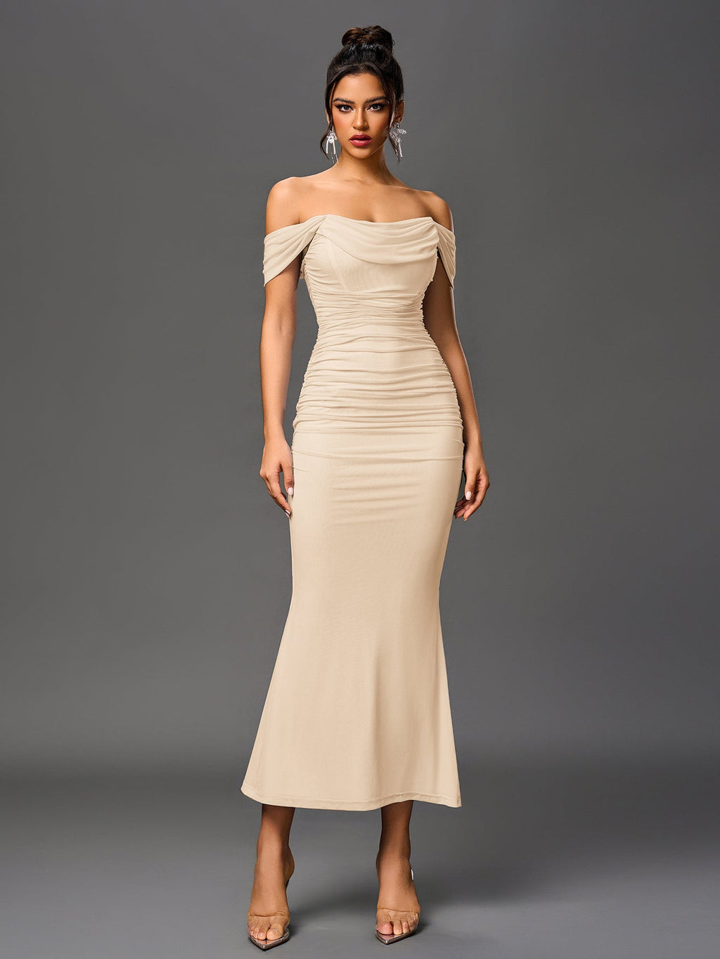 Off Shoulder Ruched Zipper Back Bodycon Dress