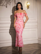 Ruched Off Shoulder Zipper Back Floral Bodycon Dress