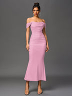 Off Shoulder Ruched Zipper Back Bodycon Dress