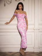 Ruched Off Shoulder Zipper Back Floral Bodycon Dress