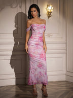 Ruched Off Shoulder Zipper Back Floral Bodycon Dress