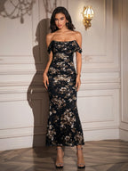 Ruched Off Shoulder Zipper Back Floral Bodycon Dress