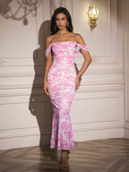 Ruched Off Shoulder Zipper Back Floral Bodycon Dress