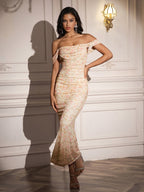 Ruched Off Shoulder Zipper Back Floral Bodycon Dress