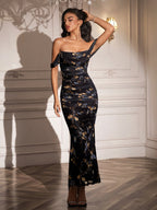 Ruched Off Shoulder Zipper Back Floral Bodycon Dress