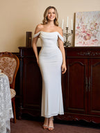 Off Shoulder Ruched Zipper Back Bodycon Dress