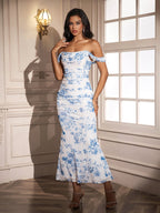 Ruched Off Shoulder Zipper Back Floral Bodycon Dress