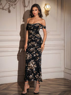 Ruched Off Shoulder Zipper Back Floral Bodycon Dress