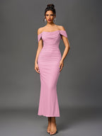 Off Shoulder Ruched Zipper Back Bodycon Dress