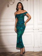 Ruched Off Shoulder Zipper Back Floral Bodycon Dress