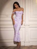 Ruched Off Shoulder Zipper Back Floral Bodycon Dress